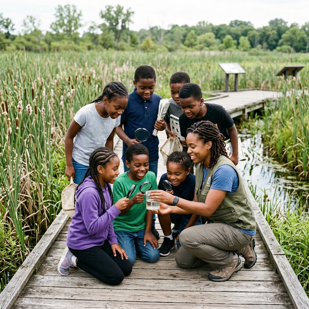 Children doing hands-on wetland science with instructor examining water samples
